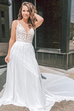 White Plunge V-Neck Wedding Dress with Appliqués and Open Back