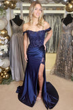 Gwen | Off-the-Shoulder Navy Blue Appliques Long Prom Dress with Slit