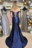 Gwen | Off-the-Shoulder Navy Blue Appliques Long Prom Dress with Slit