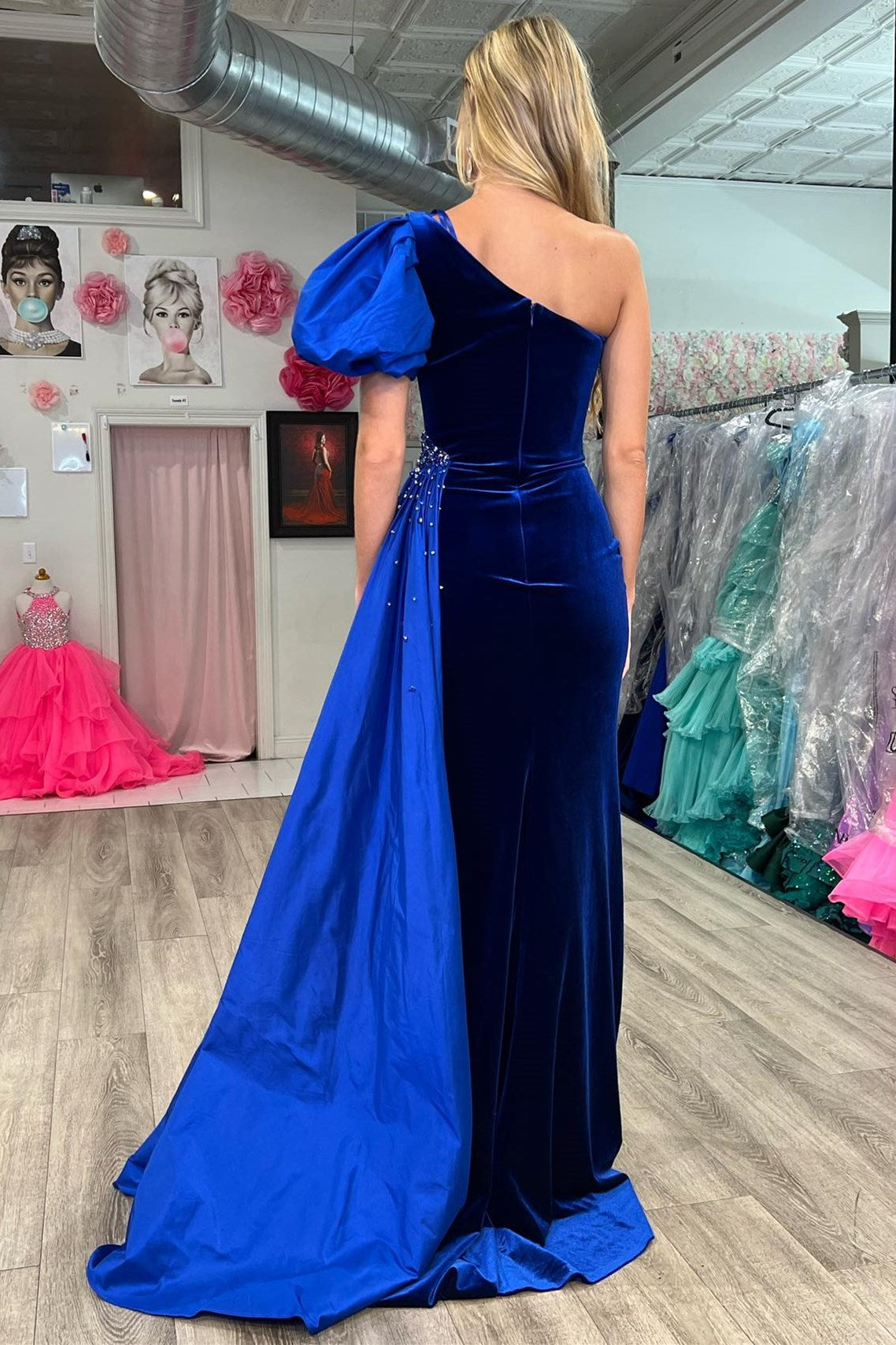 Jazmine | Luxurious Royal Blue Velvet One-Shoulder Long Formal Dress with Attached Train