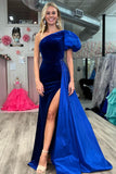 Jazmine | Luxurious Royal Blue Velvet One-Shoulder Long Formal Dress with Attached Train