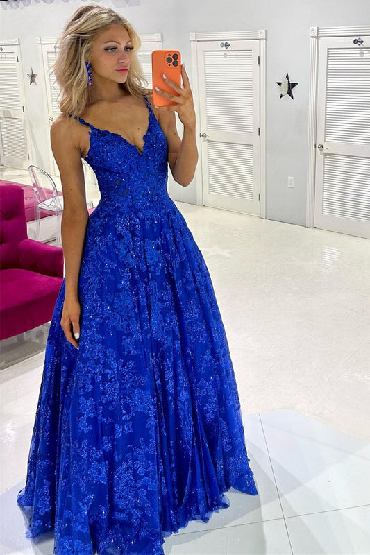 Mikaela | Stunning Royal Blue Sequin Lace V-Neck A-Line Long Prom Dress