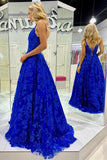 Mikaela | Stunning Royal Blue Sequin Lace V-Neck A-Line Long Prom Dress