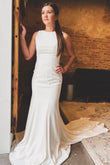 White Satin Mermaid Wedding Dress with Bateau Neckline and Open Back