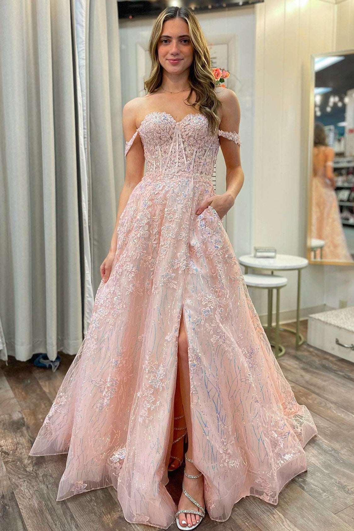 Sally | A-Line Long Prom Dress with Off-the-Shoulder Design and Pink Appliques