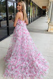 Rita | Pink Print A-Line Long Prom Dress with Halter Neckline and Keyhole Detail