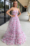 Rita | Pink Print A-Line Long Prom Dress with Halter Neckline and Keyhole Detail