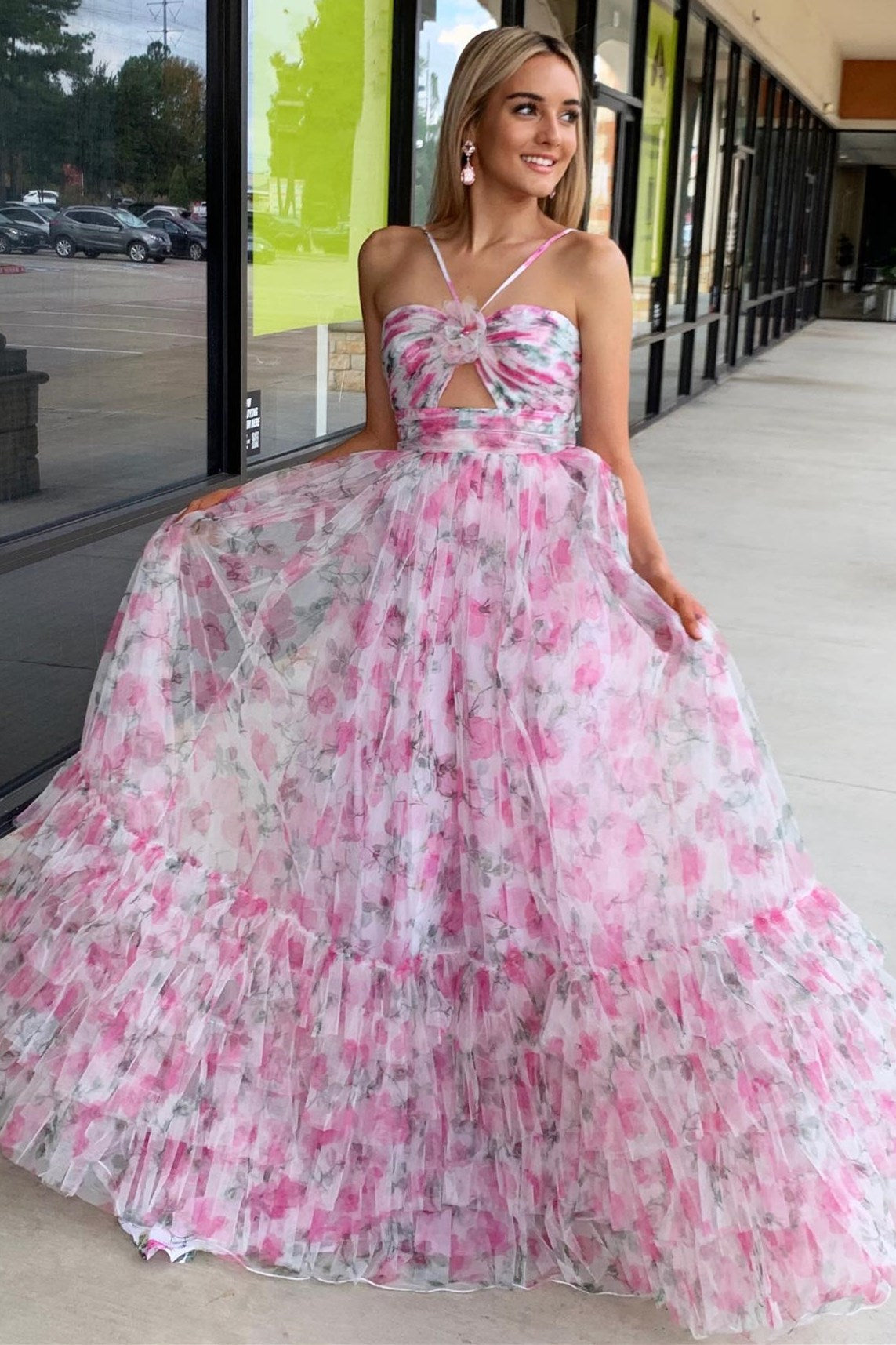 Rita | Pink Print A-Line Long Prom Dress with Halter Neckline and Keyhole Detail