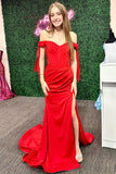 Pamela | Red Mermaid Long Prom Dress with Off-the-Shoulder Bow Sleeves and Slit