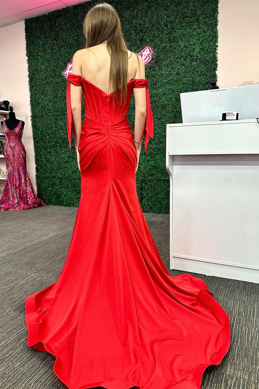 Pamela | Red Mermaid Long Prom Dress with Off-the-Shoulder Bow Sleeves and Slit