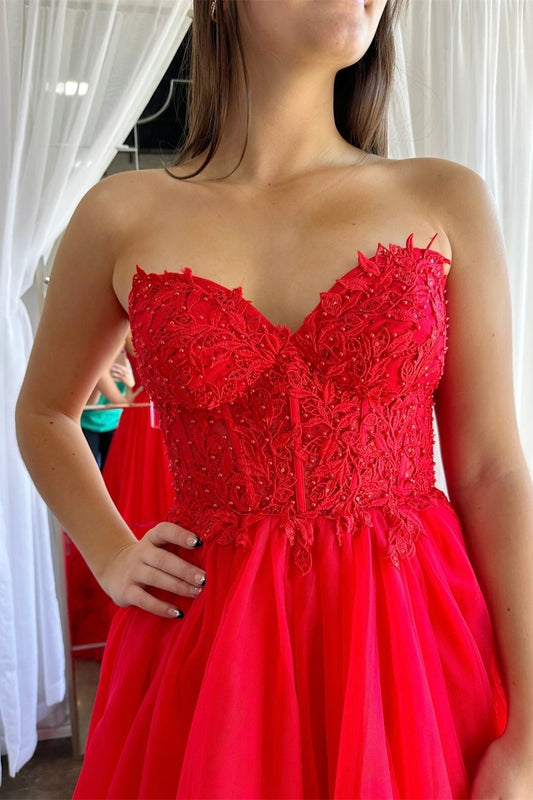 Romy | Red Long Prom Dress with Sweetheart Neckline, Ruffle Details, and Tulle Appliques