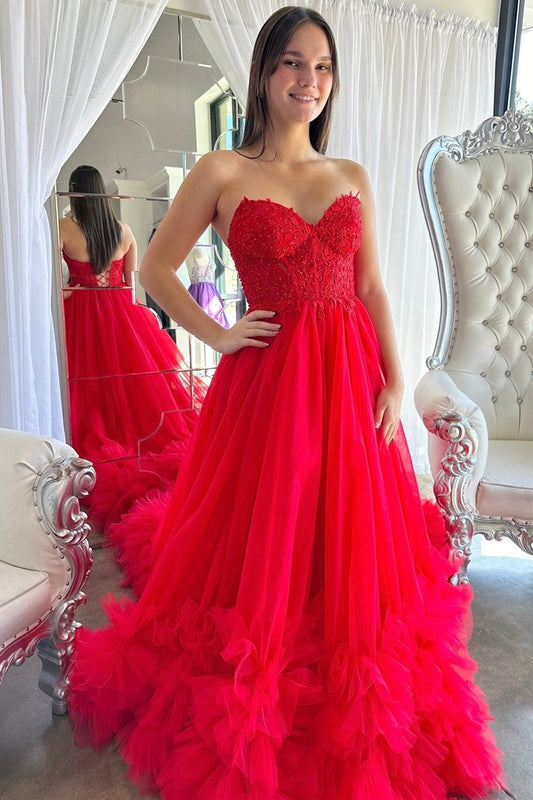 Romy | Red Long Prom Dress with Sweetheart Neckline, Ruffle Details, and Tulle Appliques