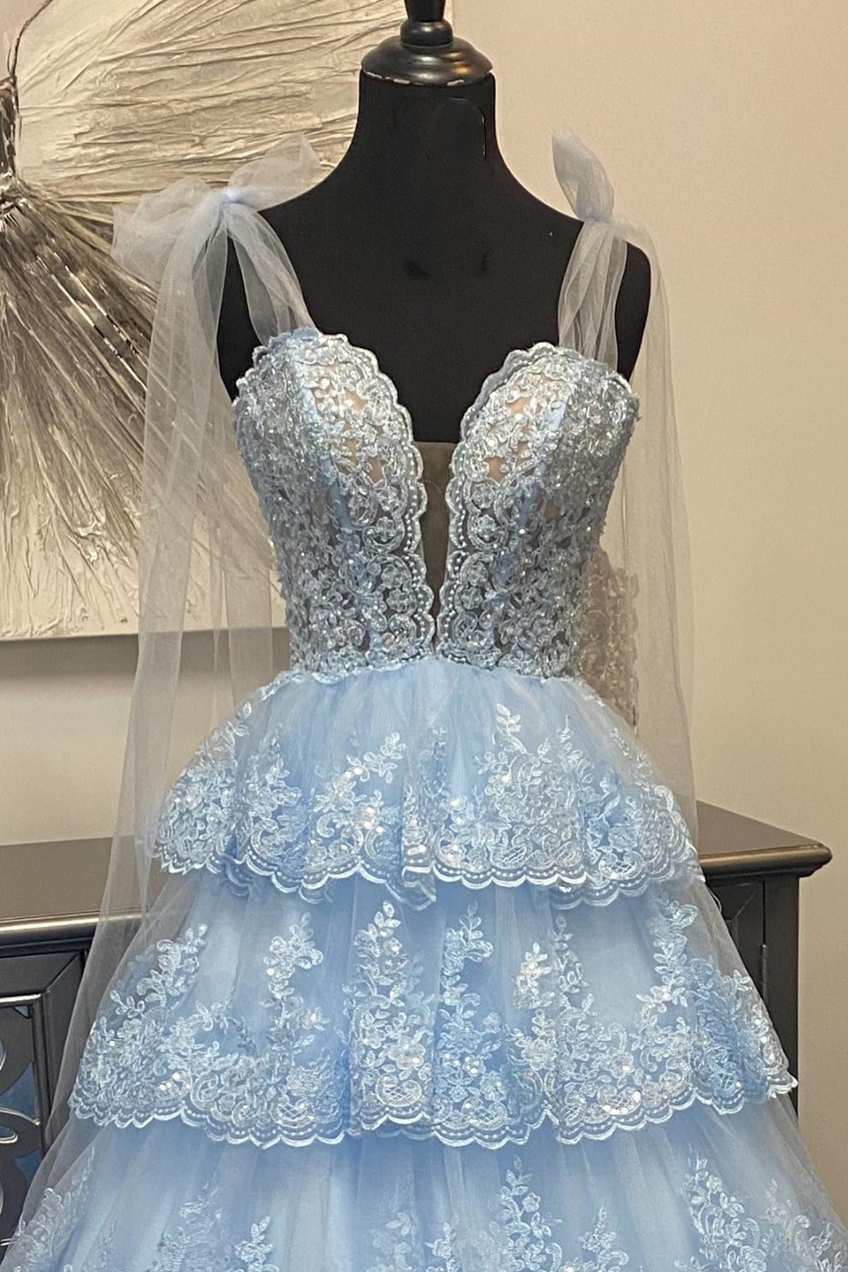 Thelma | Light Blue Tulle Ruffle Tiered Long Prom Dress with Appliques and Tying Straps