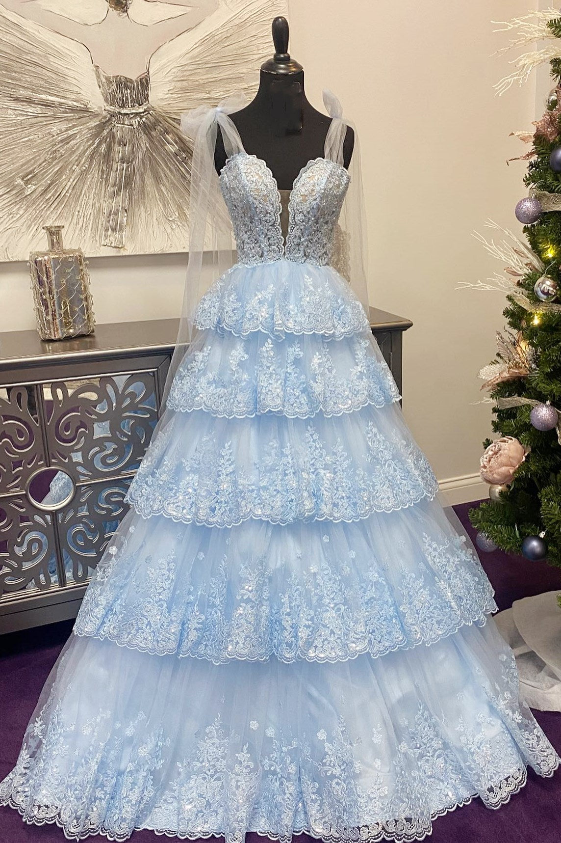 Thelma | Light Blue Tulle Ruffle Tiered Long Prom Dress with Appliques and Tying Straps