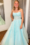 Nell | Aqua Blue Strapless A-Line Long Prom Dress with Appliques