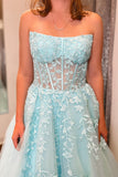 Nell | Aqua Blue Strapless A-Line Long Prom Dress with Appliques