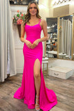 Hot Pink Scoop Neck Trumpet Long Formal Dress with Lace-Up Back