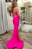 Hot Pink Scoop Neck Trumpet Long Formal Dress with Lace-Up Back