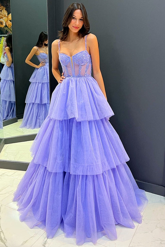 A-Line Tiered Ruffle Sequin-Embroidery Corset Long Prom Gown