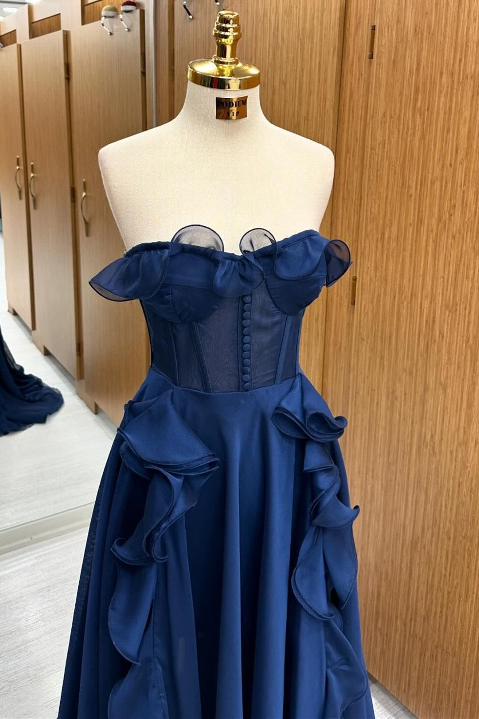 A-Line Strapless Navy Blue Corset Ruffle Maxi Prom Dress