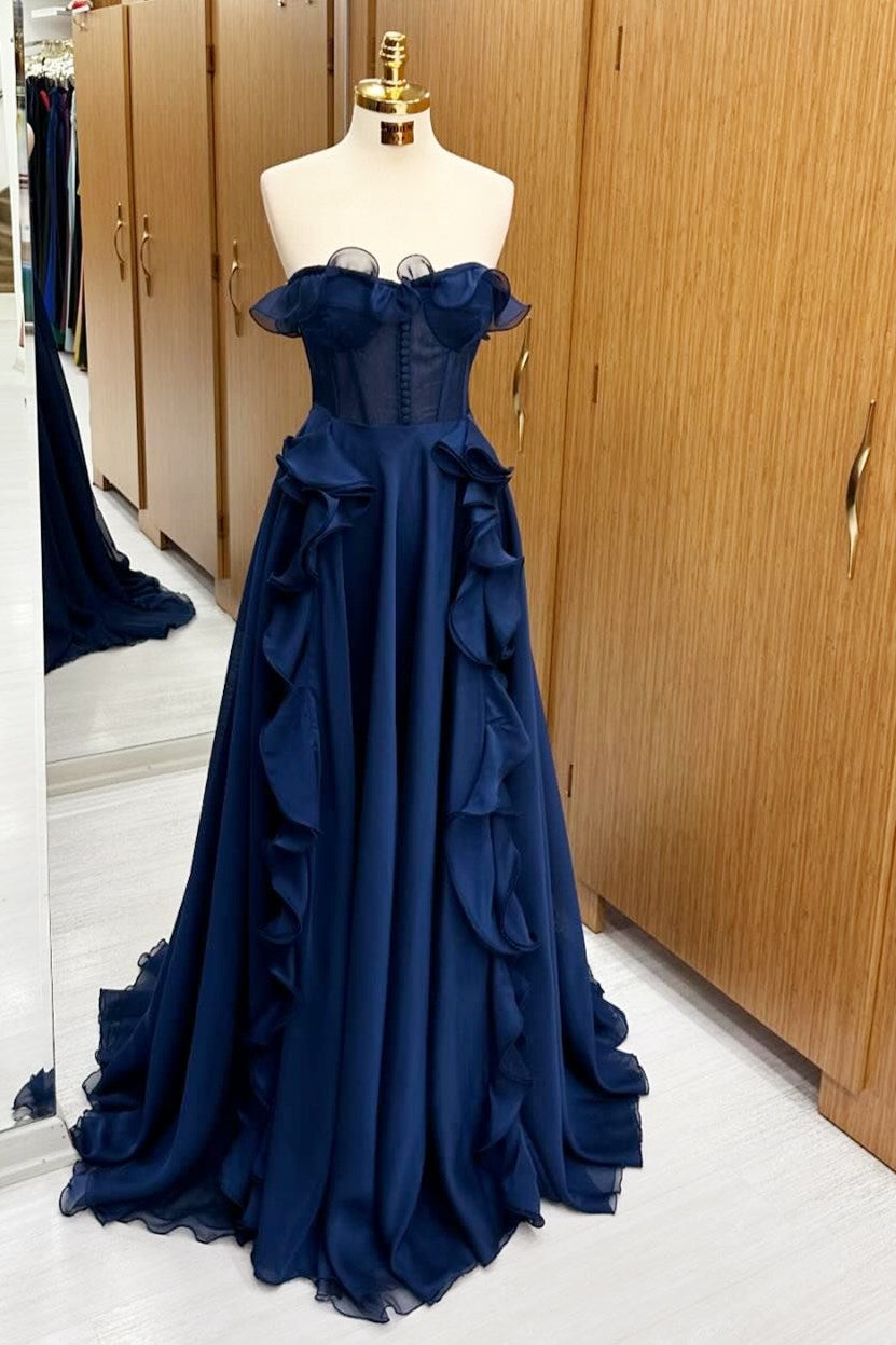 A-Line Strapless Navy Blue Corset Ruffle Maxi Prom Dress