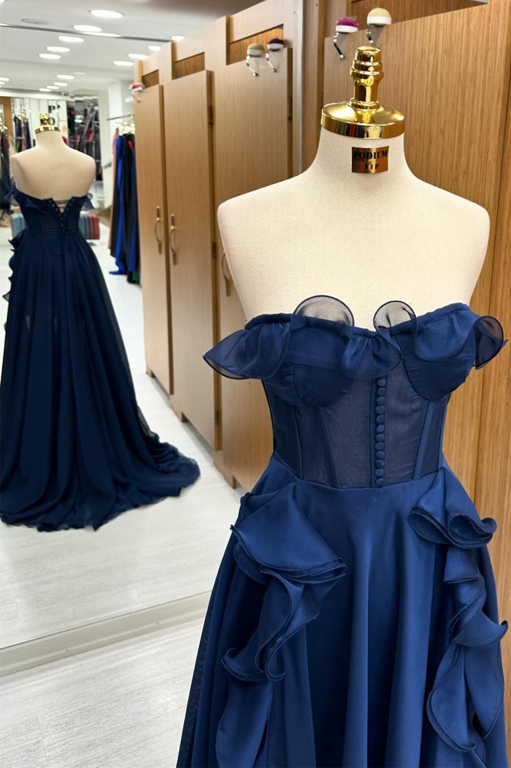 A-Line Strapless Navy Blue Corset Ruffle Maxi Prom Dress