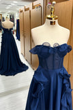 A-Line Strapless Navy Blue Corset Ruffle Maxi Prom Dress