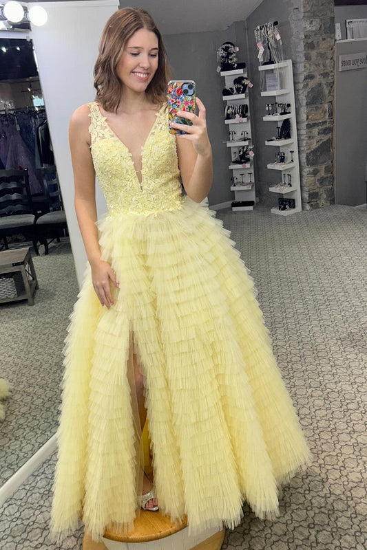 Romantic A-line Yellow Plunge V Ruffle Tiered Long Prom Dress with Slit