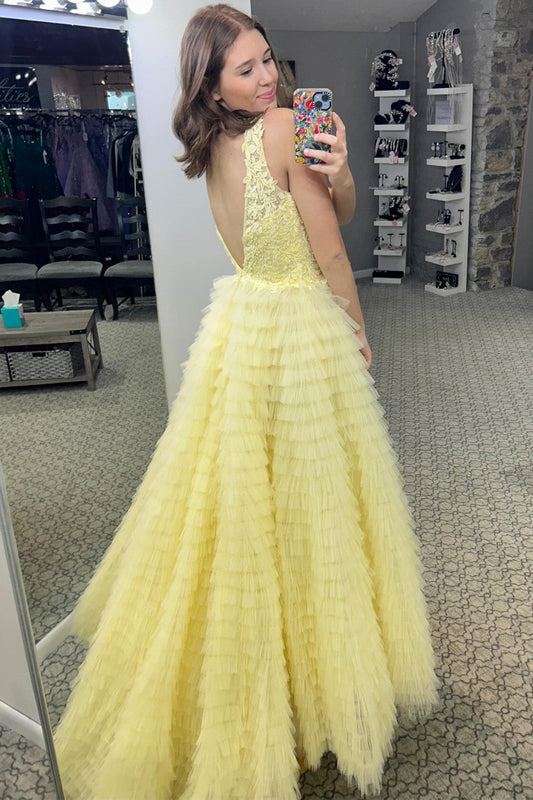 Romantic A-line Yellow Plunge V Ruffle Tiered Long Prom Dress with Slit