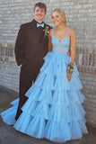 A-Line Tiered Ruffle Appliqué Corset Long Prom Dress with Spaghetti Straps