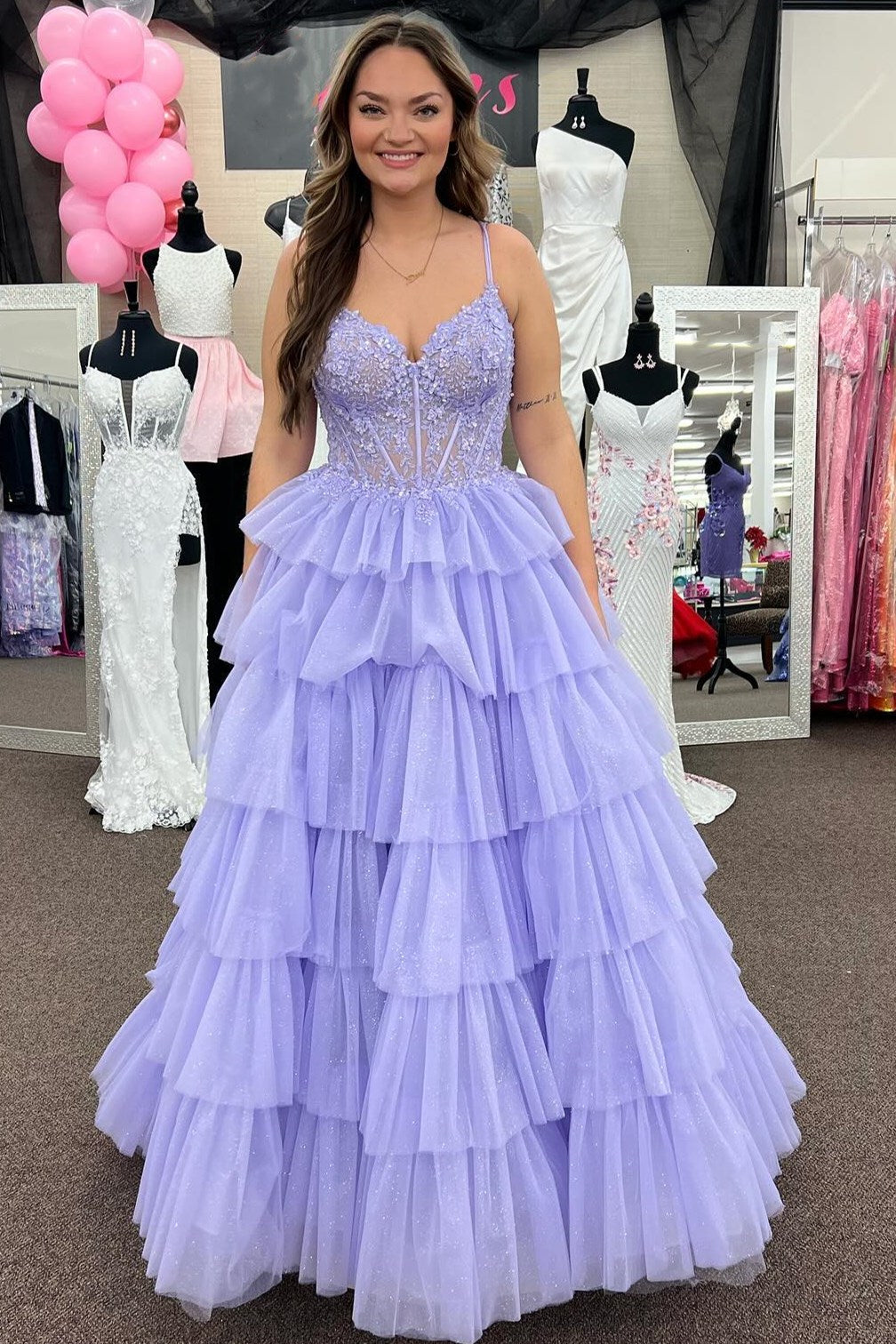 A-Line Tiered Ruffle Appliqué Corset Long Prom Dress with Spaghetti Straps