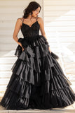 A-Line Tiered Ruffle Appliqué Corset Long Prom Dress with Spaghetti Straps