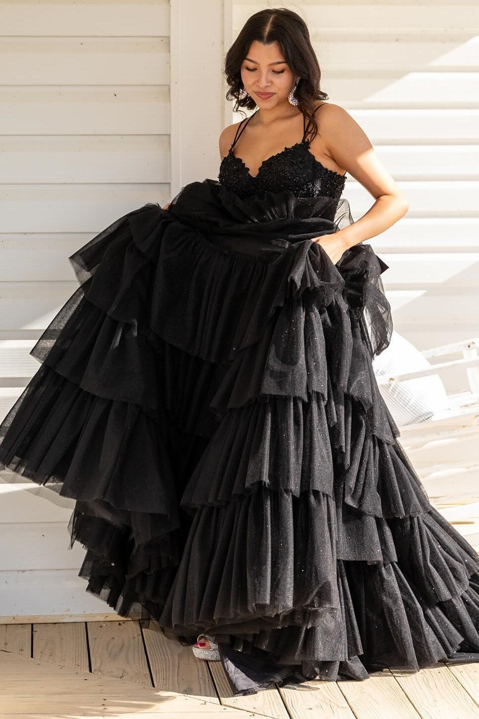 A-Line Tiered Ruffle Appliqué Corset Long Prom Dress with Spaghetti Straps