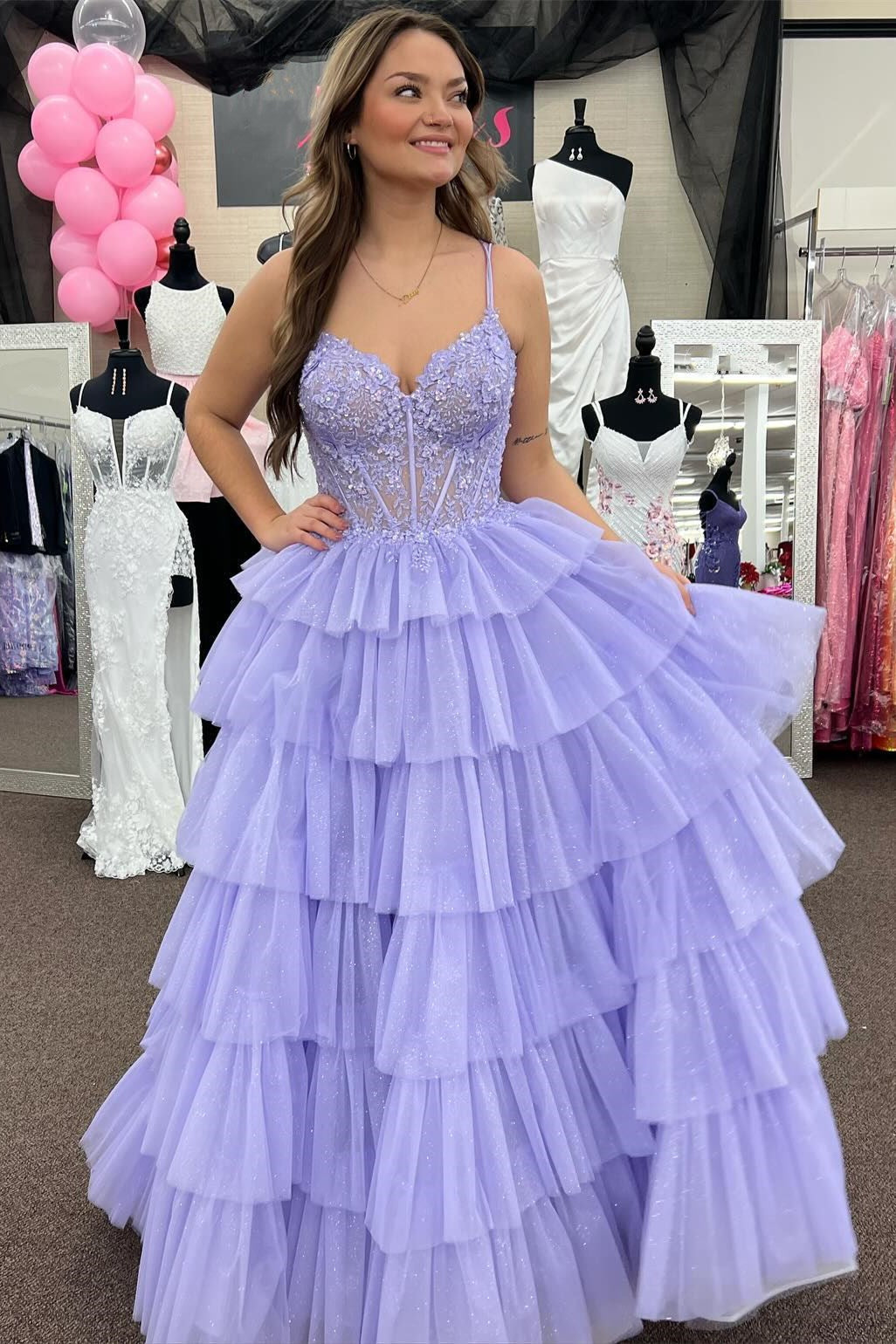 A-Line Tiered Ruffle Appliqué Corset Long Prom Dress with Spaghetti Straps