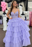 A-Line Tiered Ruffle Appliqué Corset Long Prom Dress with Spaghetti Straps