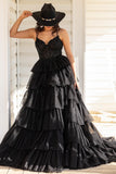 A-Line Tiered Ruffle Appliqué Corset Long Prom Dress with Spaghetti Straps