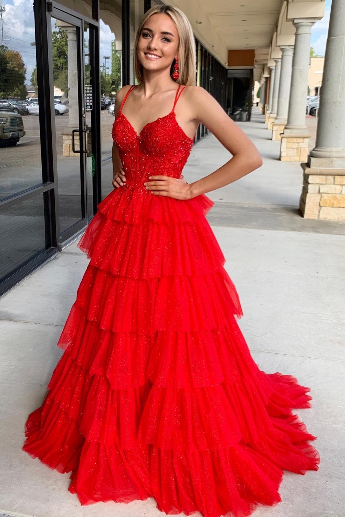 A-Line Tiered Ruffle Appliqué Corset Long Prom Dress with Spaghetti Straps