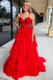 A-Line Tiered Ruffle Appliqué Corset Long Prom Dress with Spaghetti Straps