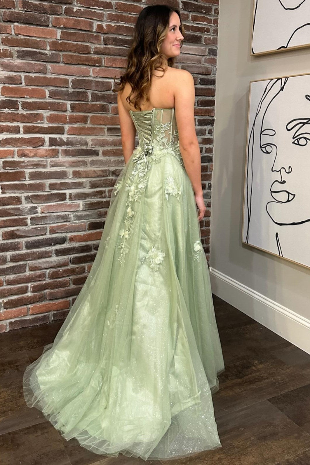 Elegant A-Line Sage Green Strapless Lace-Up Long Prom Dress with 3D Floral Lace