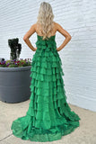 A-Line Strapless High-Waist Ruffle Tiered Long Prom Dress with Bow