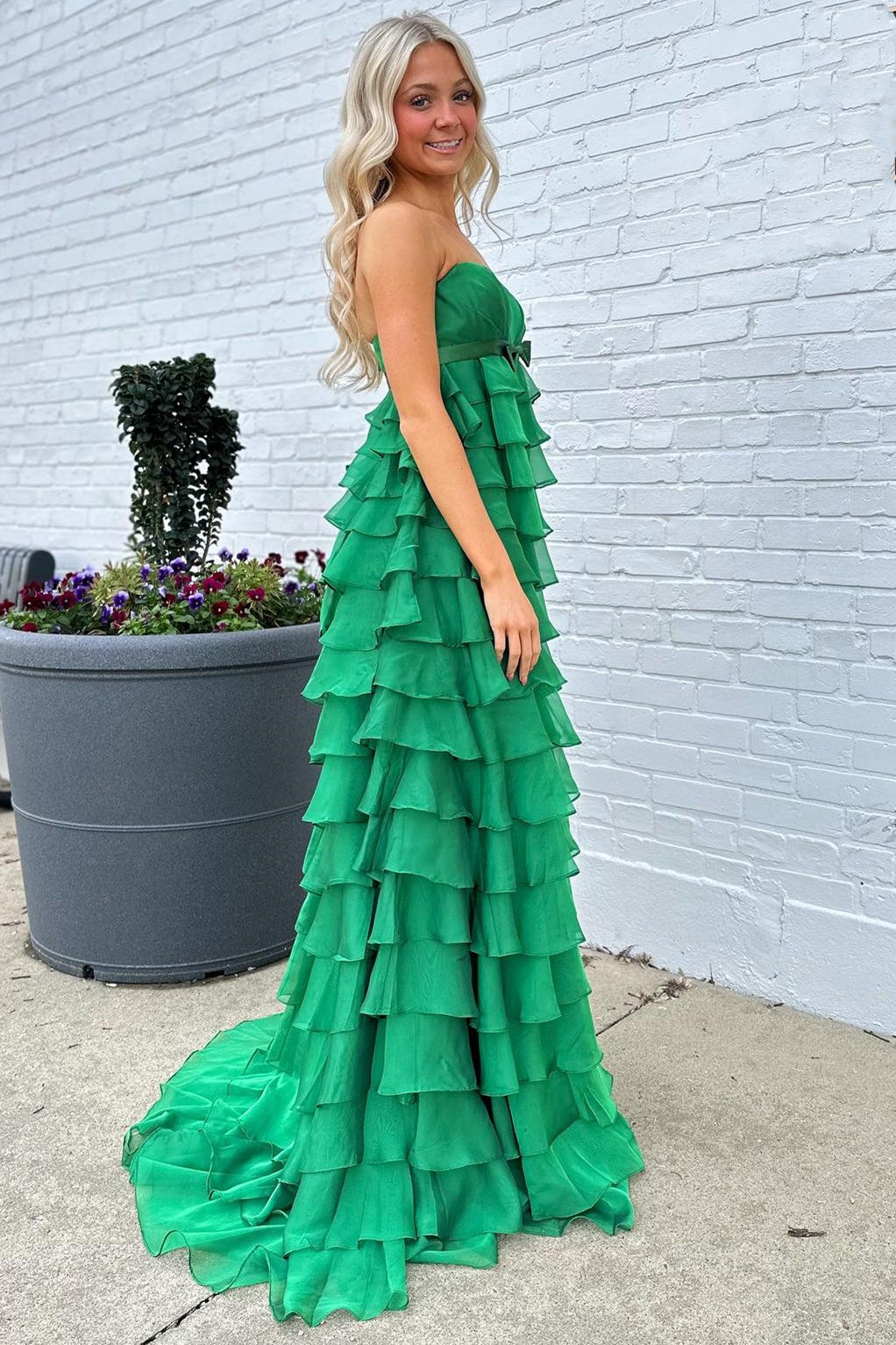 A-Line Strapless High-Waist Ruffle Tiered Long Prom Dress with Bow