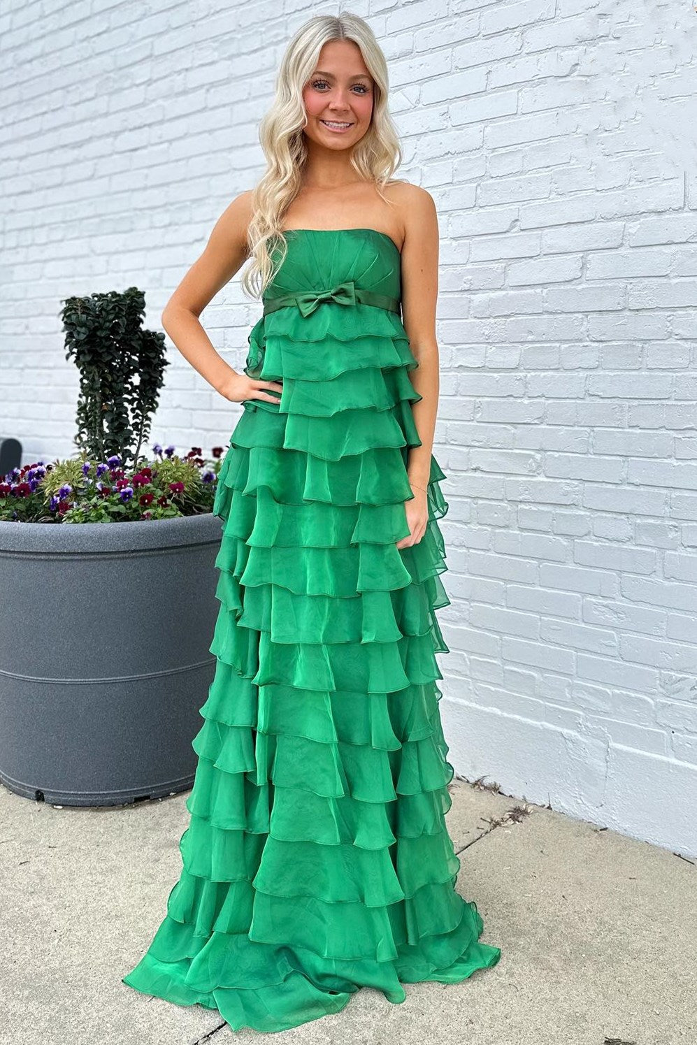 A-Line Strapless High-Waist Ruffle Tiered Long Prom Dress with Bow