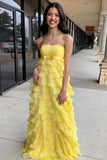 A-Line Strapless High-Waist Ruffle Tiered Long Prom Dress with Bow