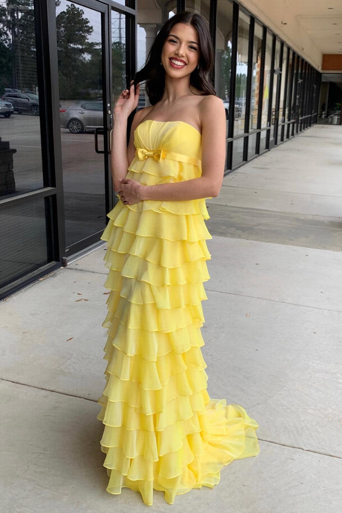 A-Line Strapless High-Waist Ruffle Tiered Long Prom Dress with Bow