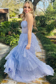 Elegant A-Line Lavender Tulle Sequin Ruffle Tiered Long Prom Dress