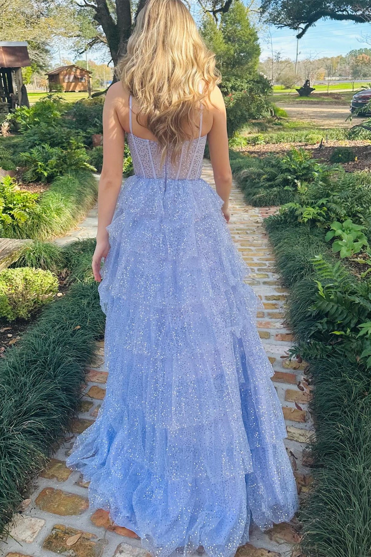 Elegant A-Line Lavender Tulle Sequin Ruffle Tiered Long Prom Dress