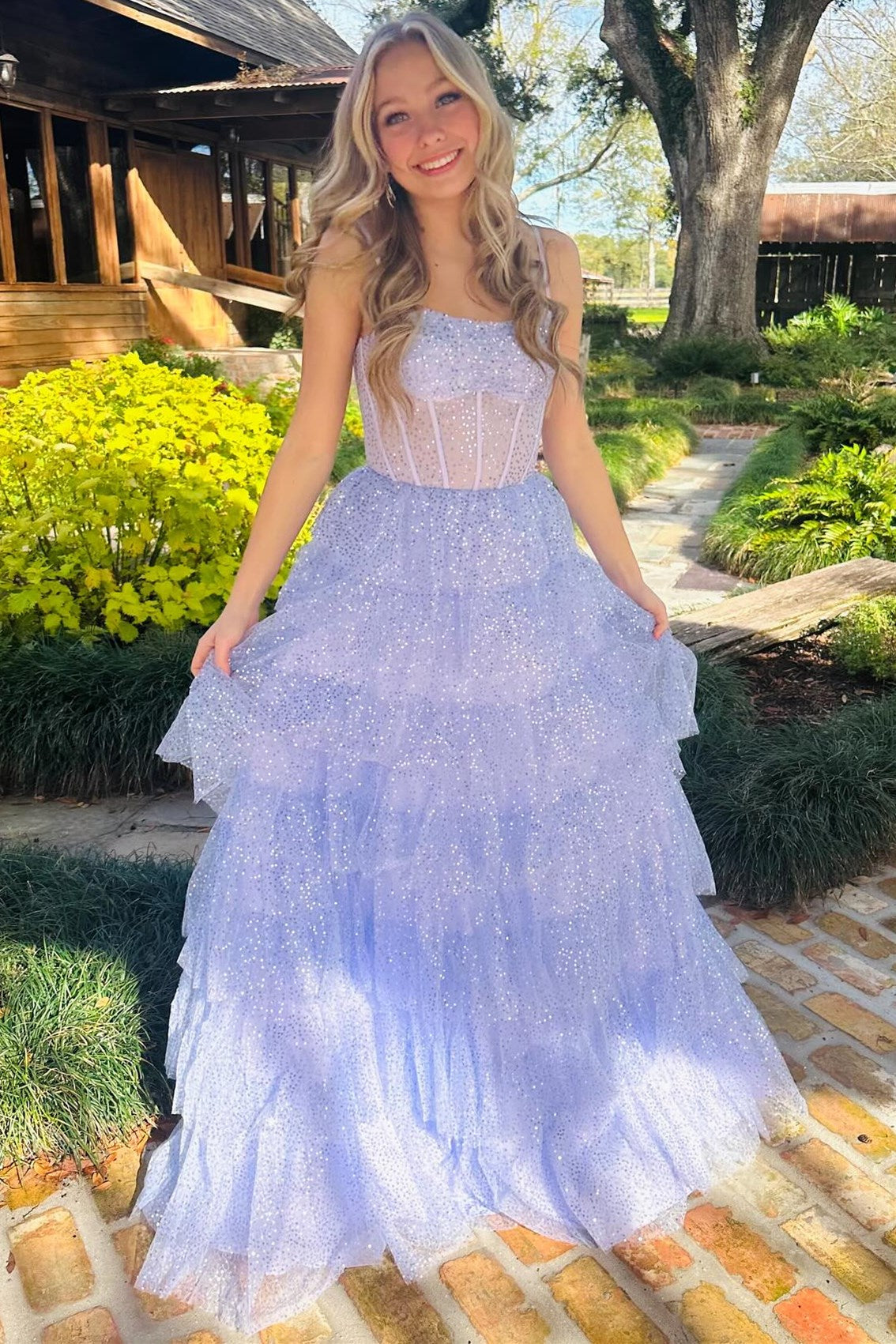 Elegant A-Line Lavender Tulle Sequin Ruffle Tiered Long Prom Dress