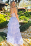 Elegant A-Line Lavender Tulle Sequin Ruffle Tiered Long Prom Dress