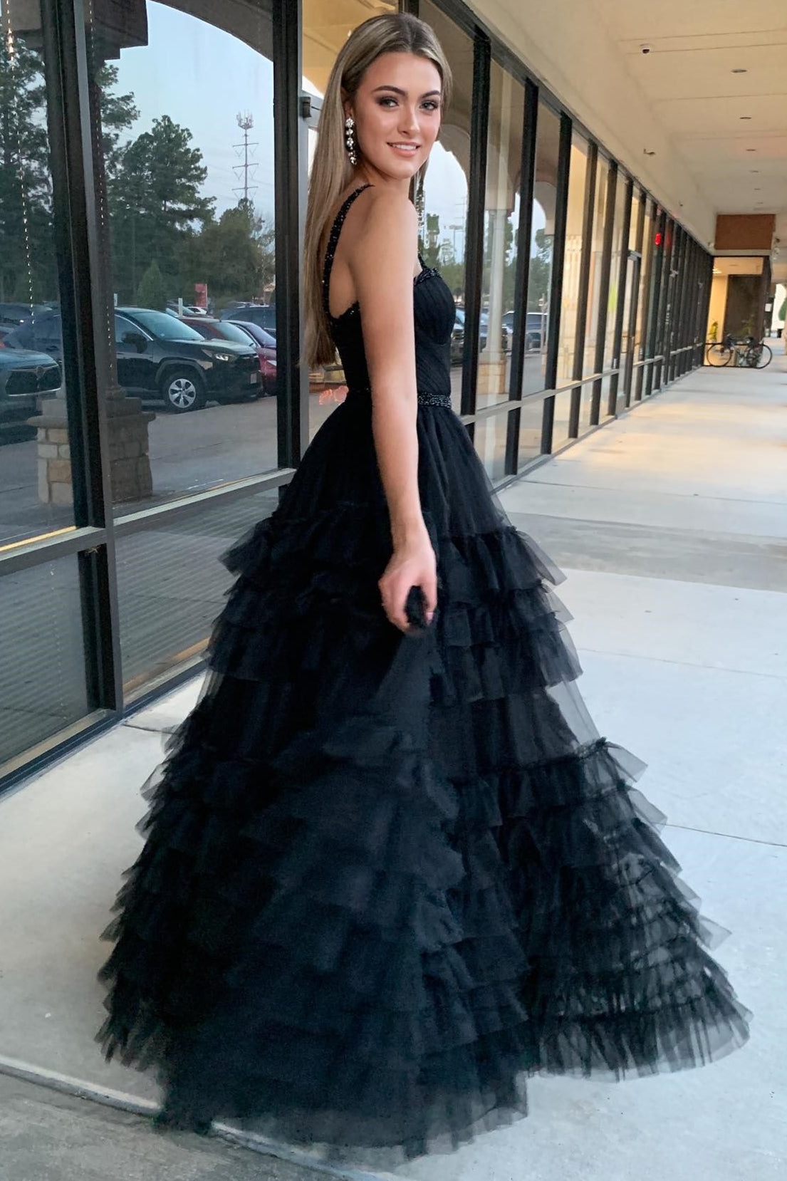 A-line Tiered Ruffle Sweetheart Beaded Long Prom Dress