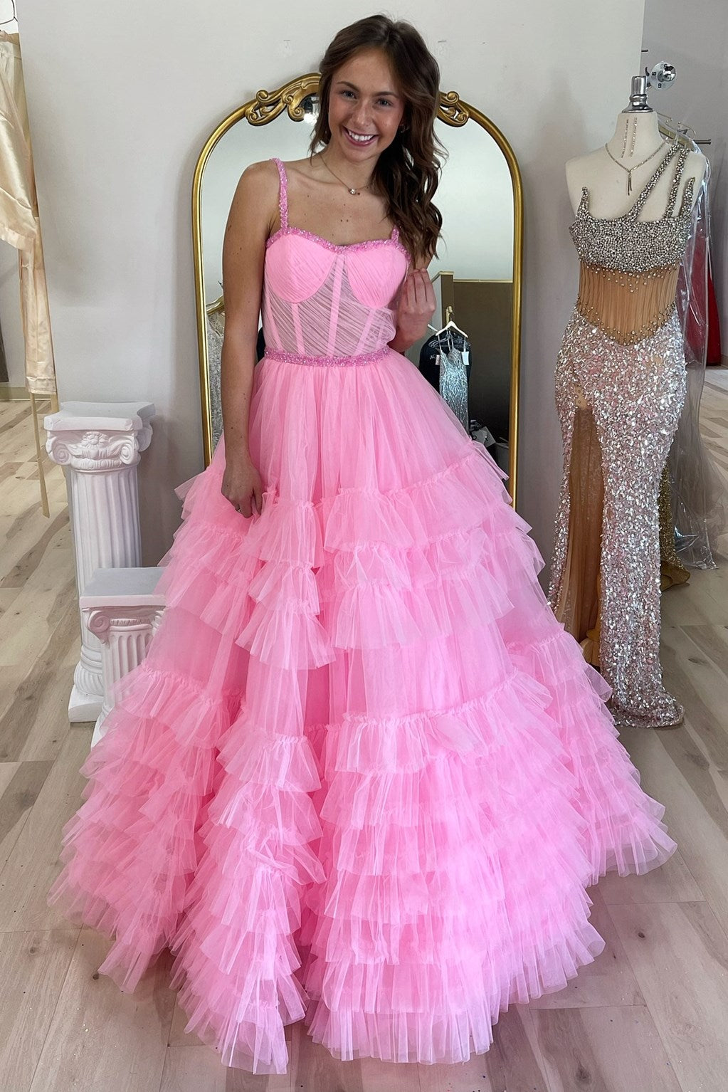 A-line Tiered Ruffle Sweetheart Beaded Long Prom Dress